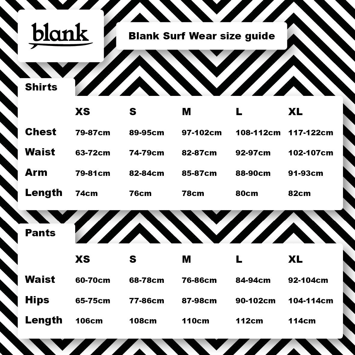 Blank Surf Wear Size Chart